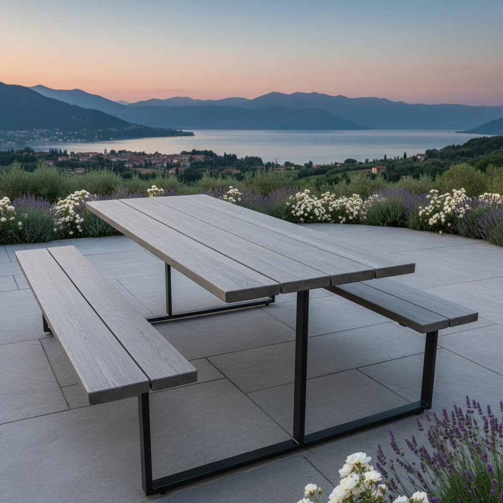 Outdoor Slatted Picnic Table with Fixed Benches - Image 3